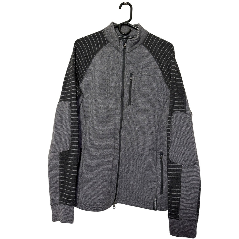 Prana Mens Full Zip Jacket Pockets Gray Stripe Wool Blend Outdoor Athletic Large